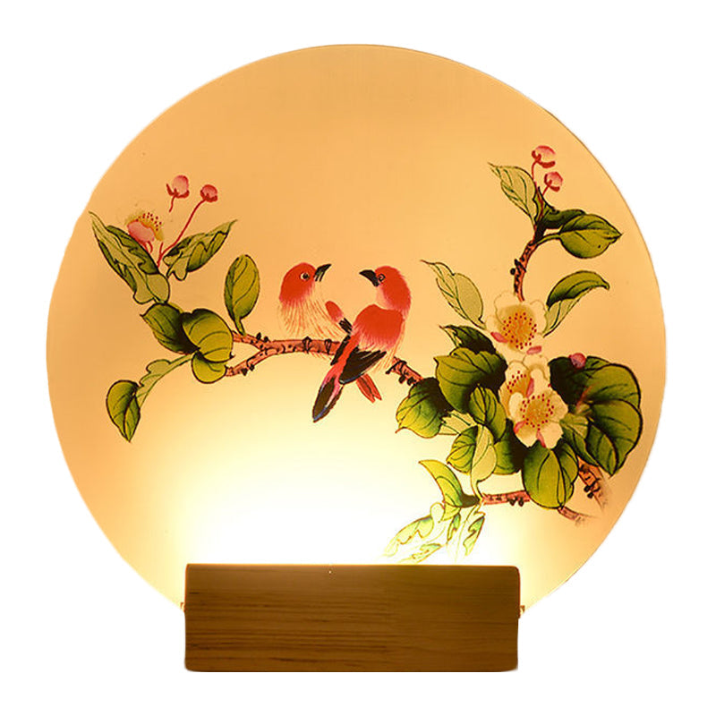 Acrylic Circular Birds and Flowers Mural Light Chinese LED Wood Wall Mounted Lighting Clearhalo 'Wall Lamps & Sconces' 'Wall Lights' Lighting' 1155268