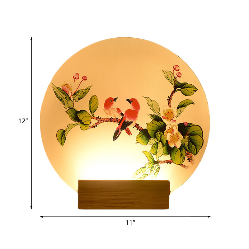 Acrylic Circular Birds and Flowers Mural Light Chinese LED Wood Wall Mounted Lighting Clearhalo 'Wall Lamps & Sconces' 'Wall Lights' Lighting' 1155269