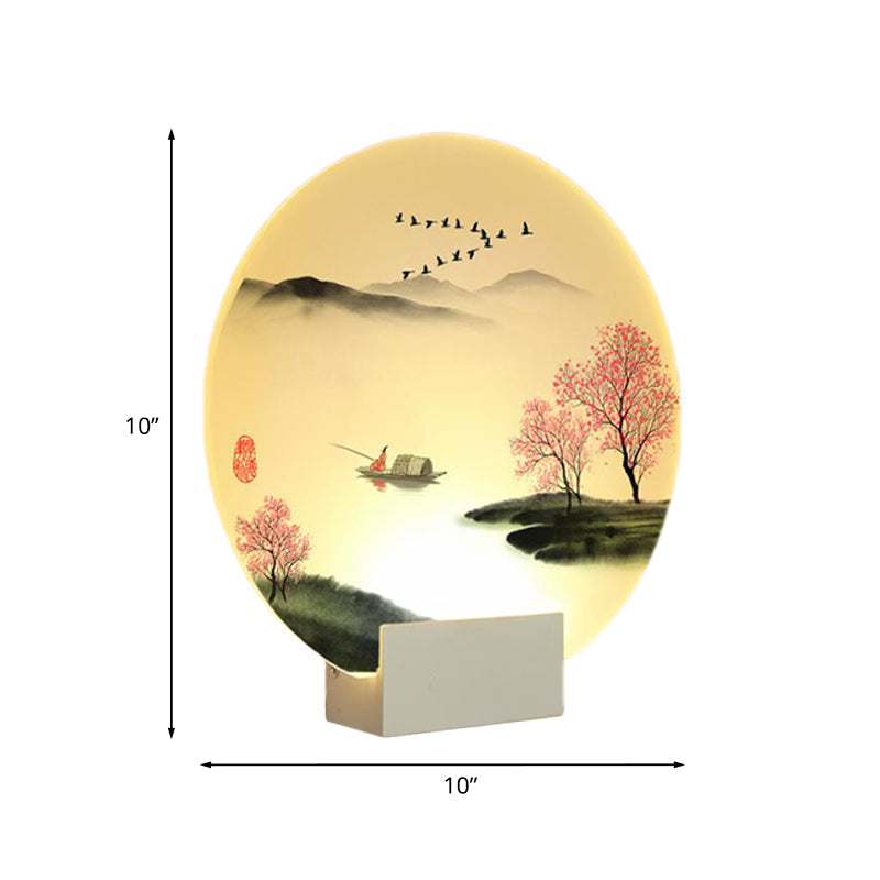 Round Hallway Mountain and Lake Mural Lamp Acrylic LED Chinese Wall Lighting Idea in White Clearhalo 'Wall Lamps & Sconces' 'Wall Lights' Lighting' 1155281