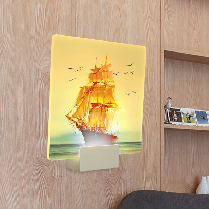 White Square Wall Mural Light Oriental Style LED Acrylic Sailing Boat and Sea Wall Lamp White Clearhalo 'Wall Lamps & Sconces' 'Wall Lights' Lighting' 1155282