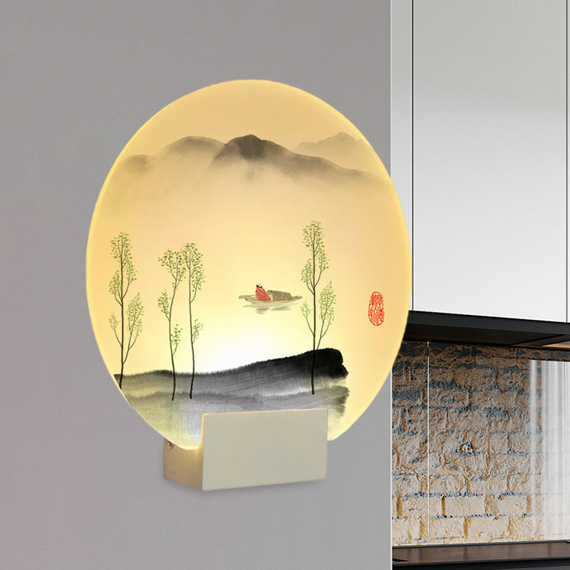 Circular Acrylic Mountain and Boat Mural Lamp Oriental Style LED White Wall Lighting Idea White Clearhalo 'Wall Lamps & Sconces' 'Wall Lights' Lighting' 1155315