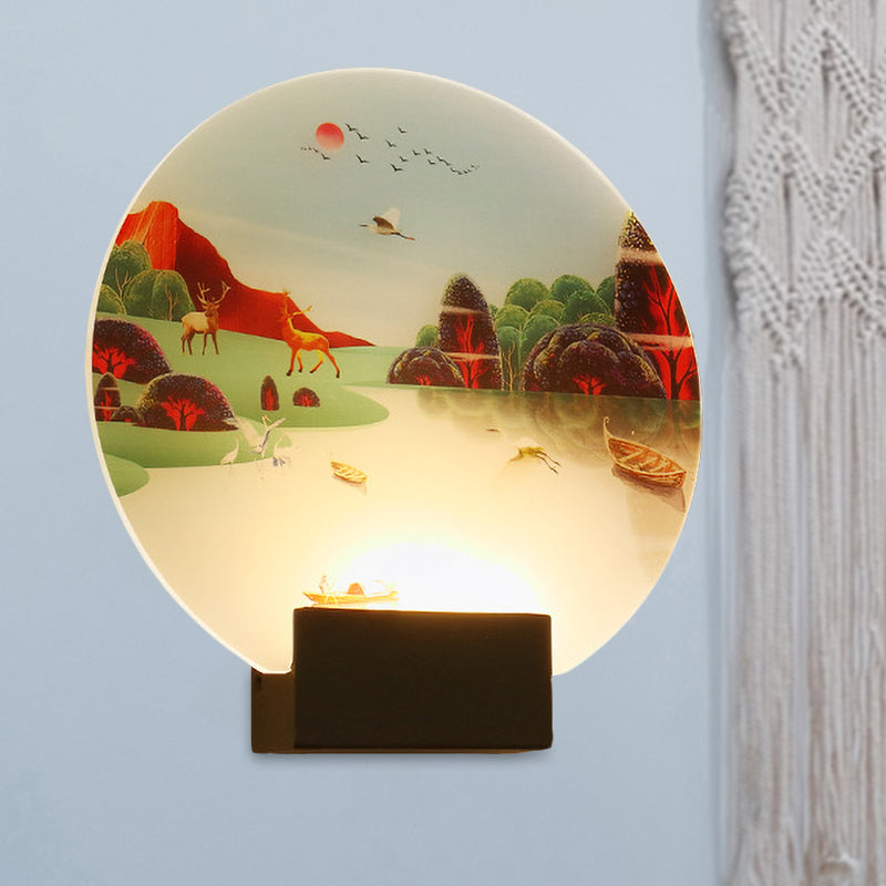 Black Circular Elk and Lake Mural Lamp Chinese Style LED Acrylic Wall Mounted Light Fixture Clearhalo 'Wall Lamps & Sconces' 'Wall Lights' Lighting' 1155342