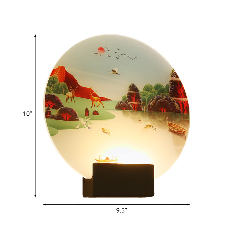 Black Circular Elk and Lake Mural Lamp Chinese Style LED Acrylic Wall Mounted Light Fixture Clearhalo 'Wall Lamps & Sconces' 'Wall Lights' Lighting' 1155344