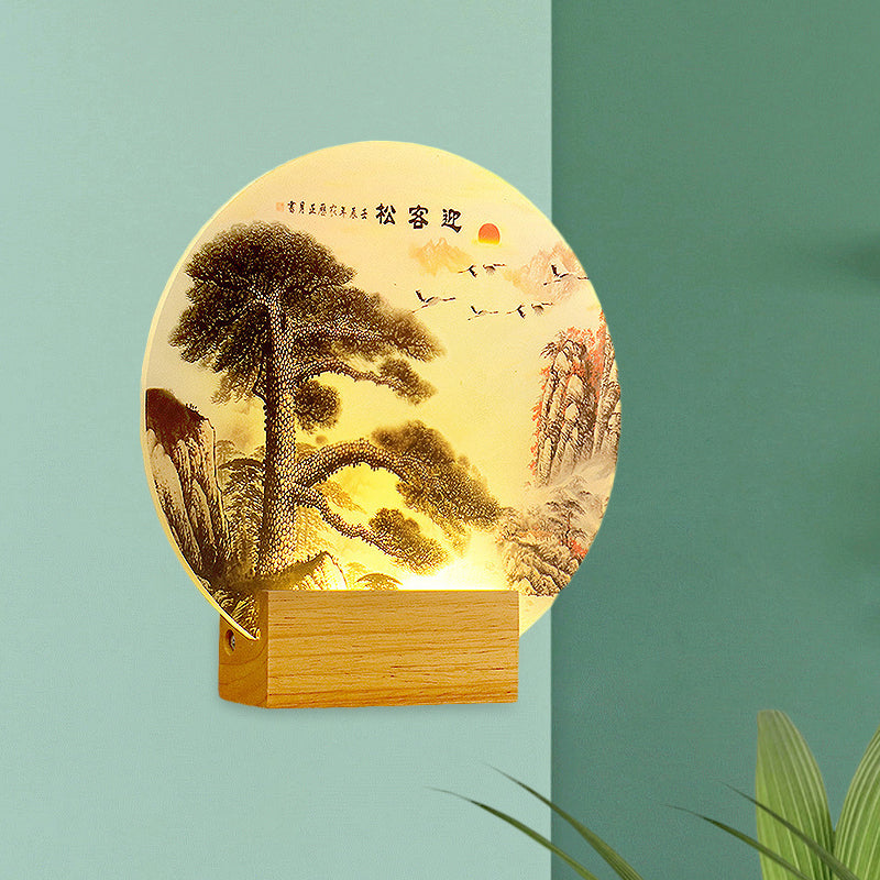 Round Pine Tree and Mountain Wall Light Oriental Style Acrylic LED Wood Wall Mural Lamp Wood Clearhalo 'Wall Lamps & Sconces' 'Wall Lights' Lighting' 1155354