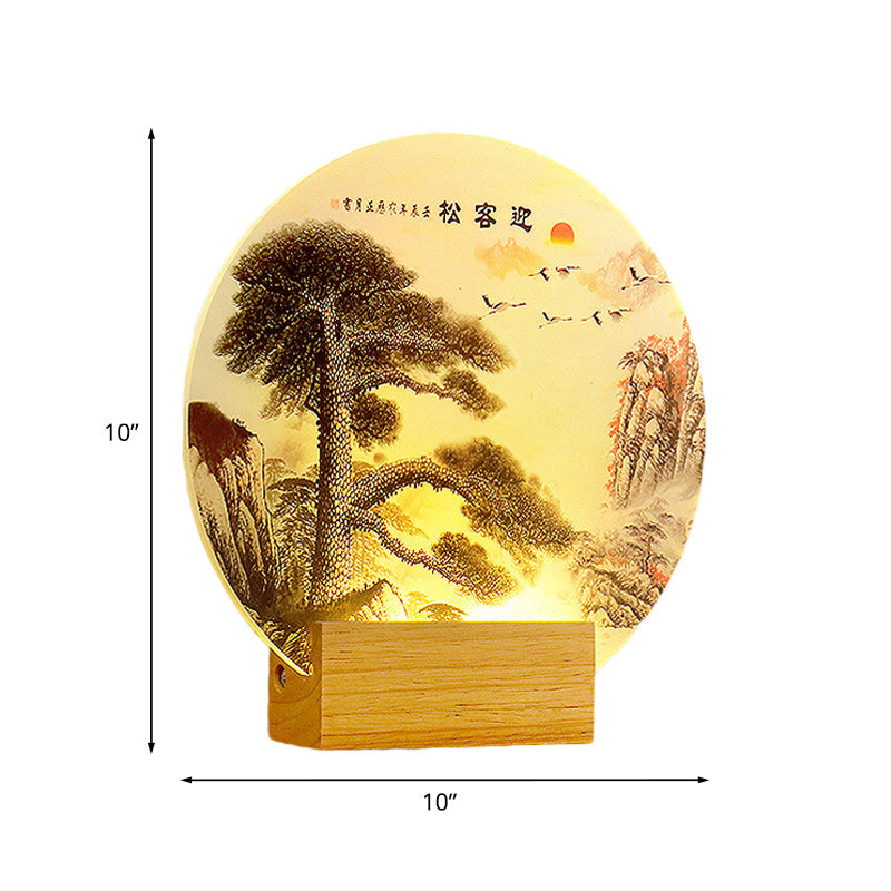 Round Pine Tree and Mountain Wall Light Oriental Style Acrylic LED Wood Wall Mural Lamp Clearhalo 'Wall Lamps & Sconces' 'Wall Lights' Lighting' 1155357