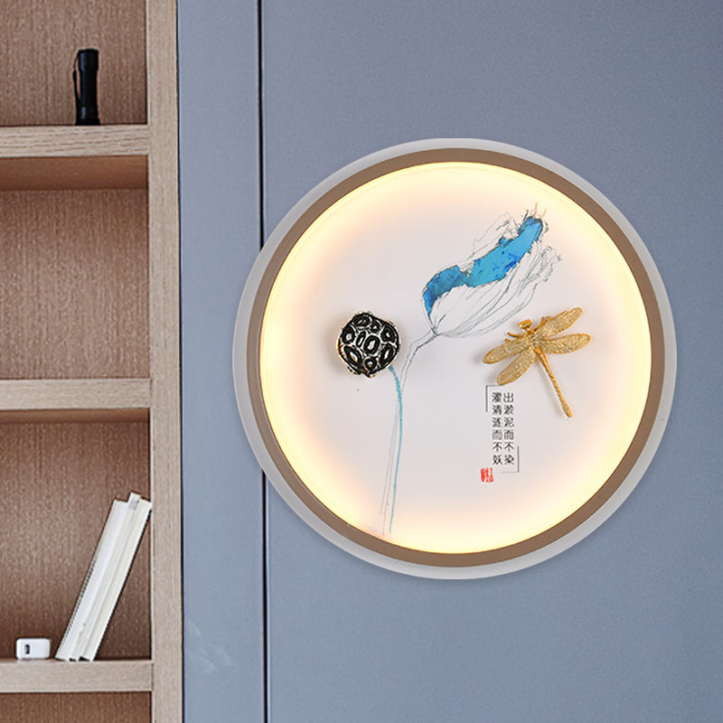 Yellow and Blue Circular Dragonfly Wall Lighting Asia Style LED Metallic Mural Lamp for Hallway Blue-Yellow Clearhalo 'Wall Lamps & Sconces' 'Wall Lights' Lighting' 1155358