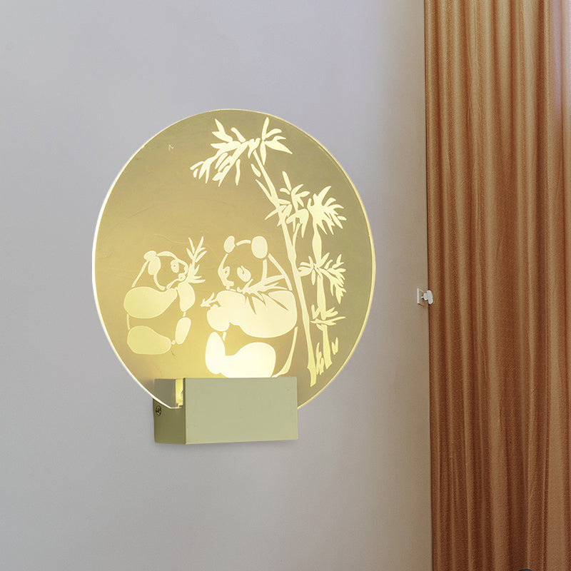 Chinese Circular Acrylic Wall Mural Lamp LED Wall Mount Light Fixture in Clear Color with Panda and Bamboo Pattern Clear Clearhalo 'Wall Lamps & Sconces' 'Wall Lights' Lighting' 1155362