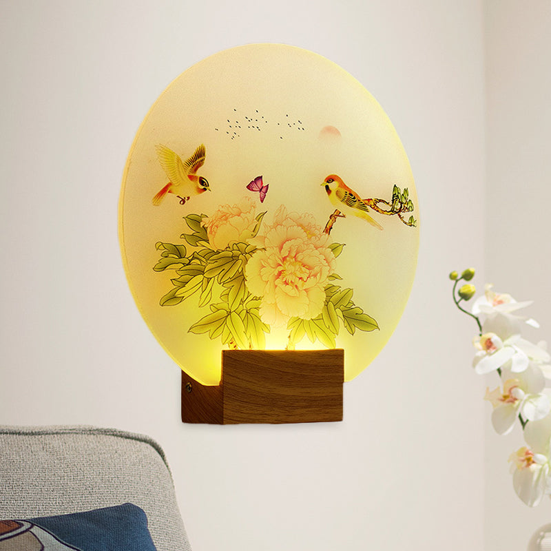 Brown Circular Blossom and Bird Mural Light Asia Style LED Acrylic Wall Mounted Lighting for Bedroom Brown Clearhalo 'Wall Lamps & Sconces' 'Wall Lights' Lighting' 1155366