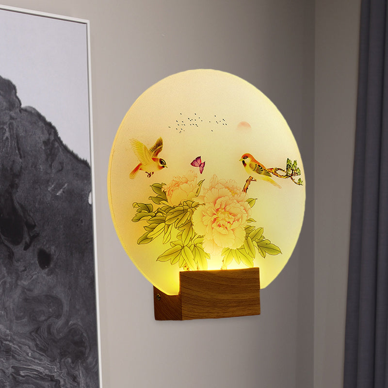 Brown Circular Blossom and Bird Mural Light Asia Style LED Acrylic Wall Mounted Lighting for Bedroom Clearhalo 'Wall Lamps & Sconces' 'Wall Lights' Lighting' 1155367