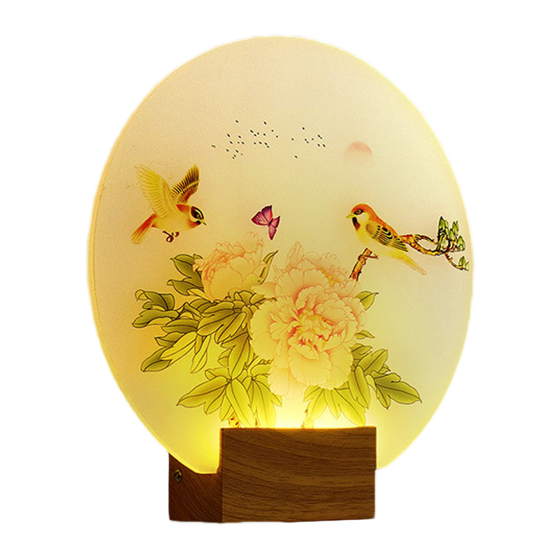 Brown Circular Blossom and Bird Mural Light Asia Style LED Acrylic Wall Mounted Lighting for Bedroom Clearhalo 'Wall Lamps & Sconces' 'Wall Lights' Lighting' 1155368