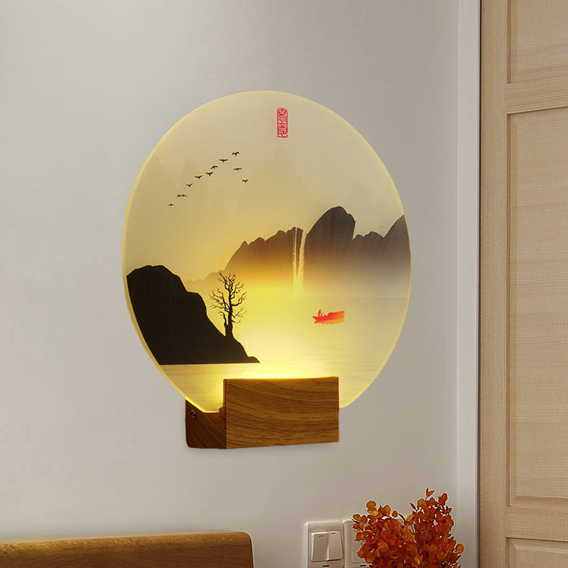 Circular Acrylic River and Mountain Mural Light Chinese Style LED Brown Wall Mount Light Fixture Brown Clearhalo 'Wall Lamps & Sconces' 'Wall Lights' Lighting' 1155370