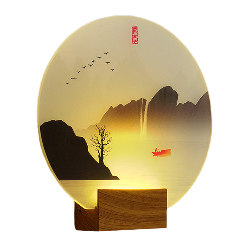 Circular Acrylic River and Mountain Mural Light Chinese Style LED Brown Wall Mount Light Fixture Clearhalo 'Wall Lamps & Sconces' 'Wall Lights' Lighting' 1155372