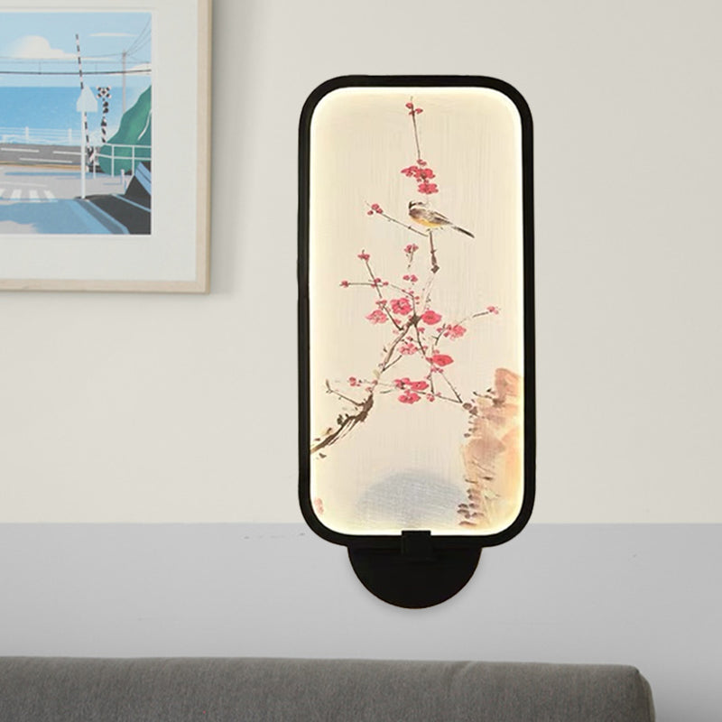 Rectangle Acrylic Plum and Bird Mural Light Chinese Style LED Black Wall Mounted Light Fixture Clearhalo 'Wall Lamps & Sconces' 'Wall Lights' Lighting' 1155408