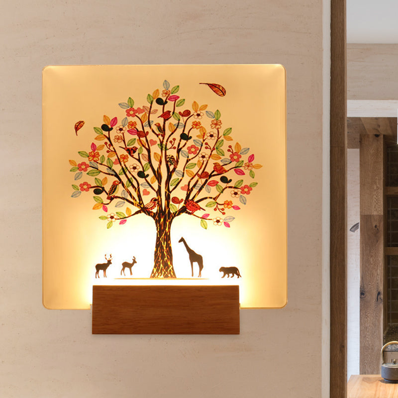 Wood Square Tree and Animal Wall Mural Light Chinese Style LED Acrylic Wall Lighting Fixture Wood Clearhalo 'Wall Lamps & Sconces' 'Wall Lights' Lighting' 1155441