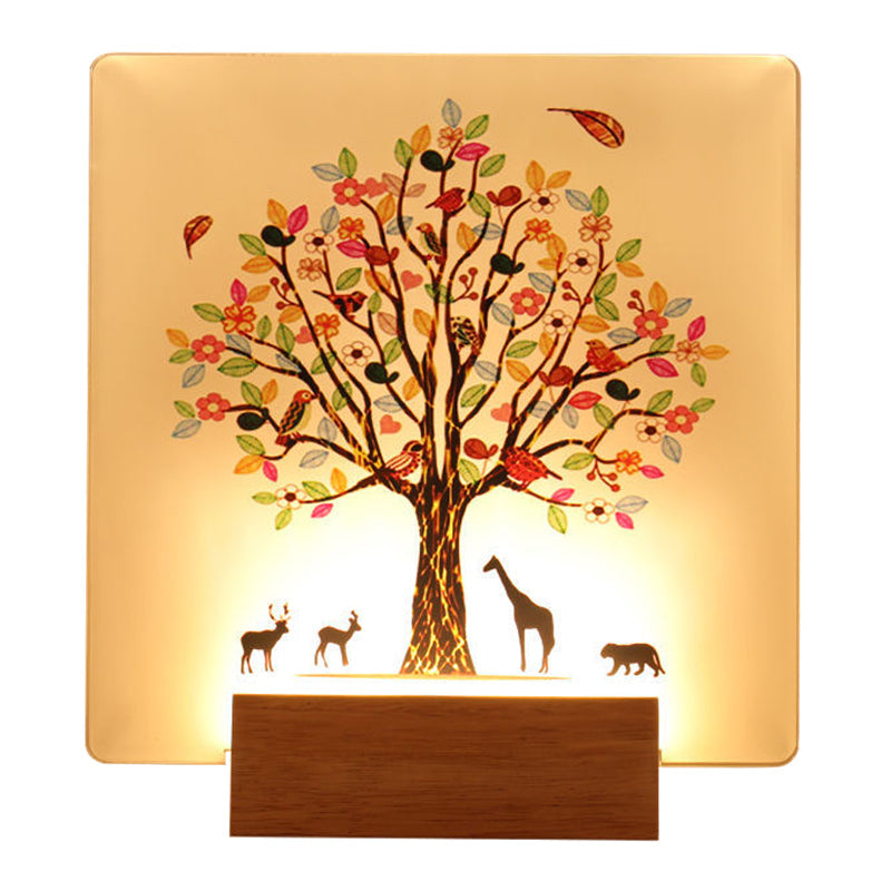 Wood Square Tree and Animal Wall Mural Light Chinese Style LED Acrylic Wall Lighting Fixture Clearhalo 'Wall Lamps & Sconces' 'Wall Lights' Lighting' 1155443