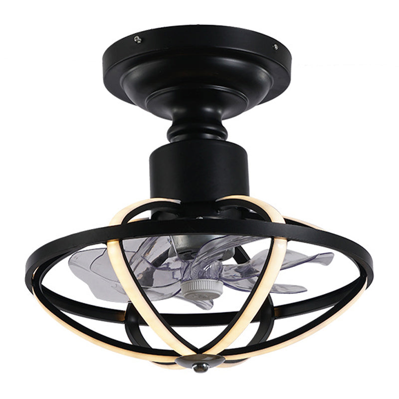 Caged Living Room Ceiling Light with Fan Aluminum 6-Blade Industrial LED Semi Flush Mount in Black, 17
