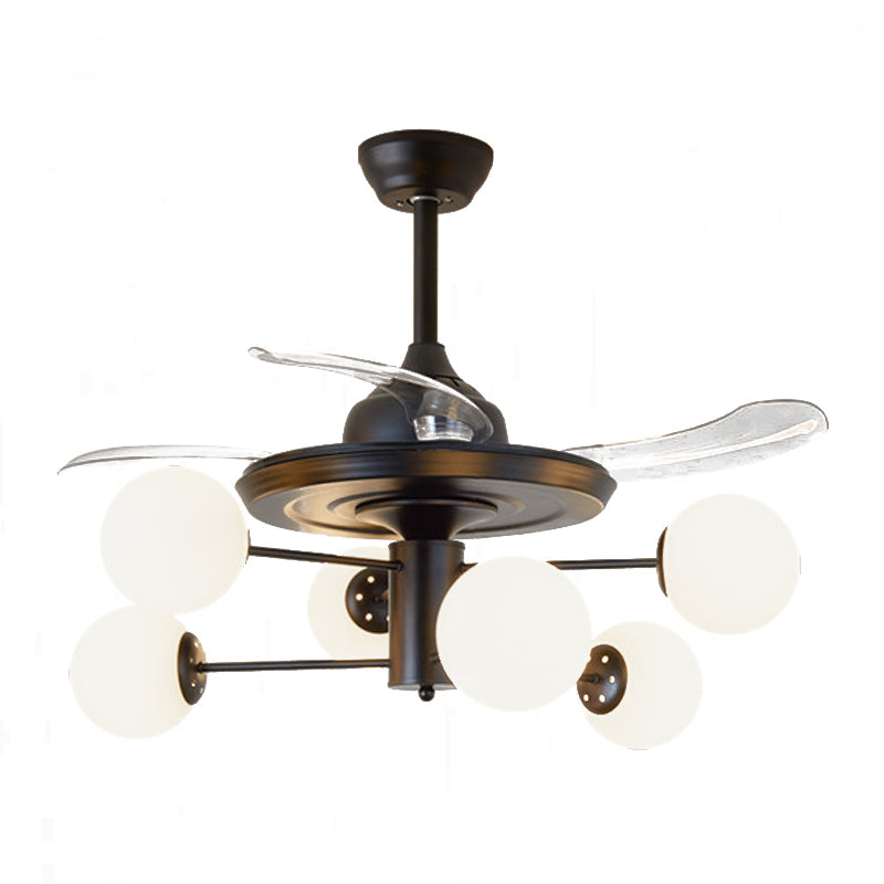 Black Tiered Semi Mount Lighting Rural 6 Bulbs Opal Ball Glass Ceiling Fan with 3 Clear Blades, 29.5