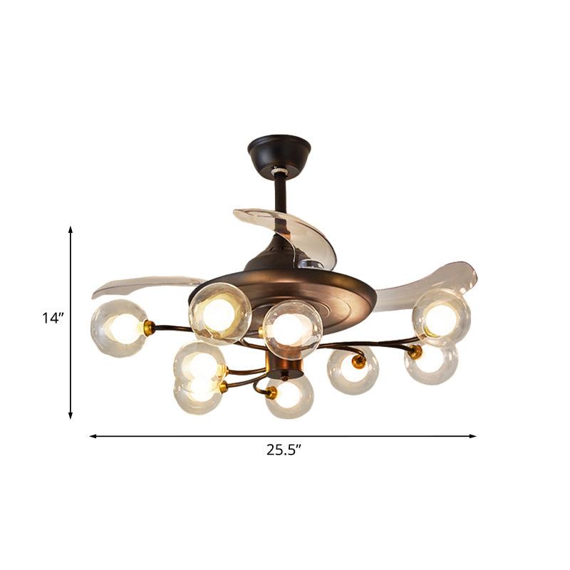 Branching Semi Flush Chandelier Rustic Clear Ball Glass 9-Bulb Black Fan Lighting with 3 Blades, 25.5