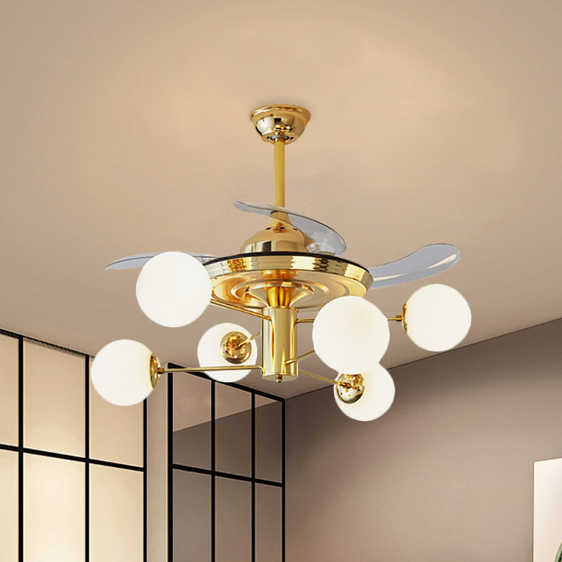 Postmodern 3 Blades Burst Arm Fan Light Milk Glass 6 Heads Living Room Semi Flush Mount Chandelier in Gold, 38