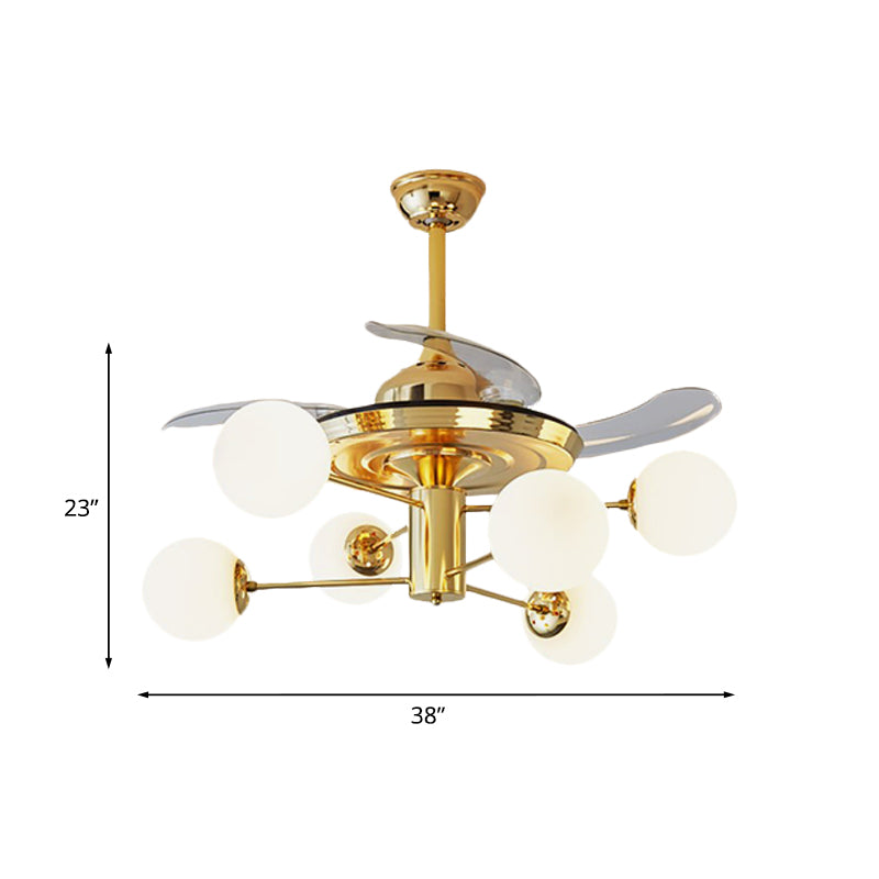 Postmodern 3 Blades Burst Arm Fan Light Milk Glass 6 Heads Living Room Semi Flush Mount Chandelier in Gold, 38