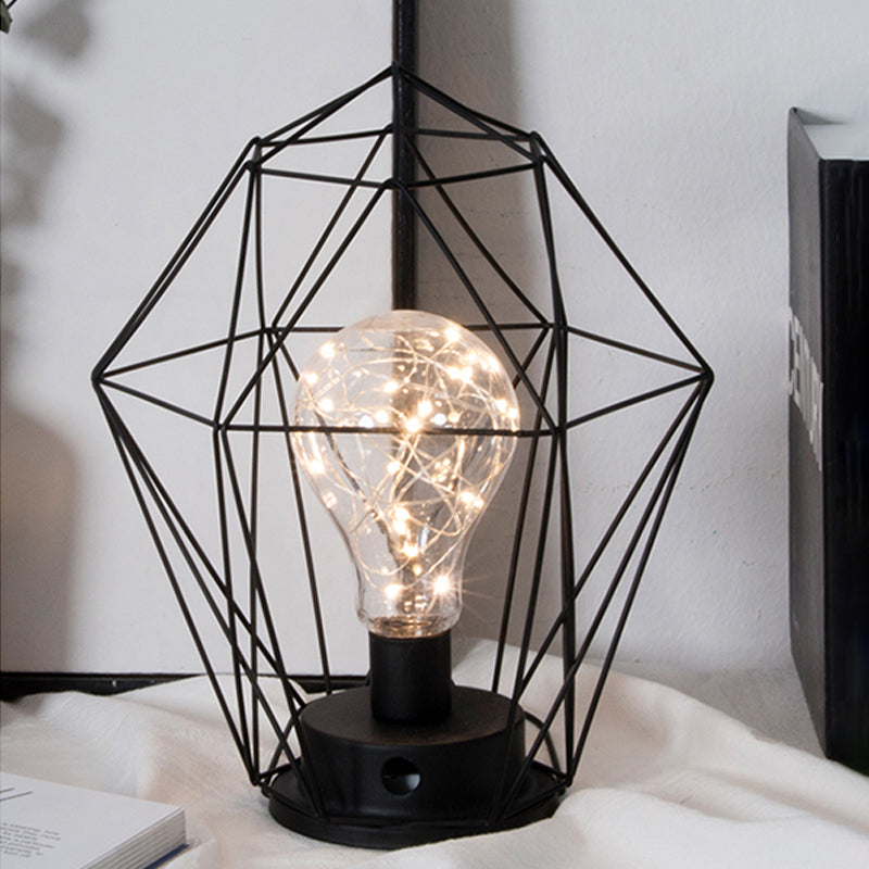 1 Head Barrel/Diamond Table Lamp with Cage Shade Loft Stylish Black Metal Small Table Lamp for Bedside Black Diamond Clearhalo 'Lamps' 'Table Lamps' Lighting' 1158606