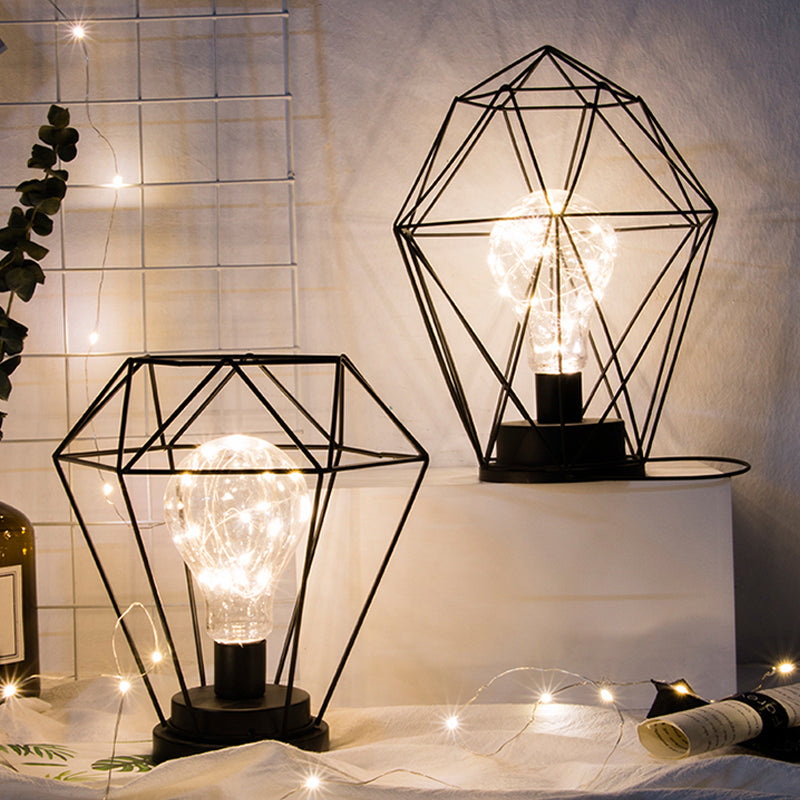 1 Head Barrel/Diamond Table Lamp with Cage Shade Loft Stylish Black Metal Small Table Lamp for Bedside Clearhalo 'Lamps' 'Table Lamps' Lighting' 1158607