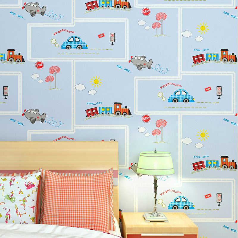 Vehicles 57.1-sq ft Wallpaper Blue Smooth Moisture-Resistant Wall Decor for Kids Room Blue Clearhalo 'Wall Decor' 'Wallpaper' 1170283
