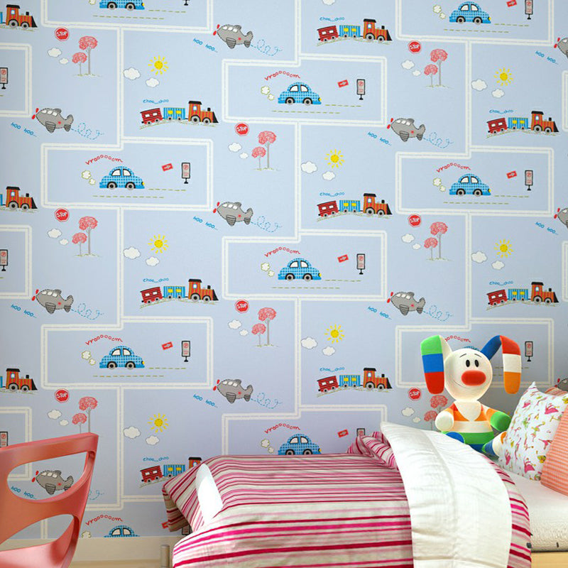 Vehicles 57.1-sq ft Wallpaper Blue Smooth Moisture-Resistant Wall Decor for Kids Room Clearhalo 'Wall Decor' 'Wallpaper' 1170284