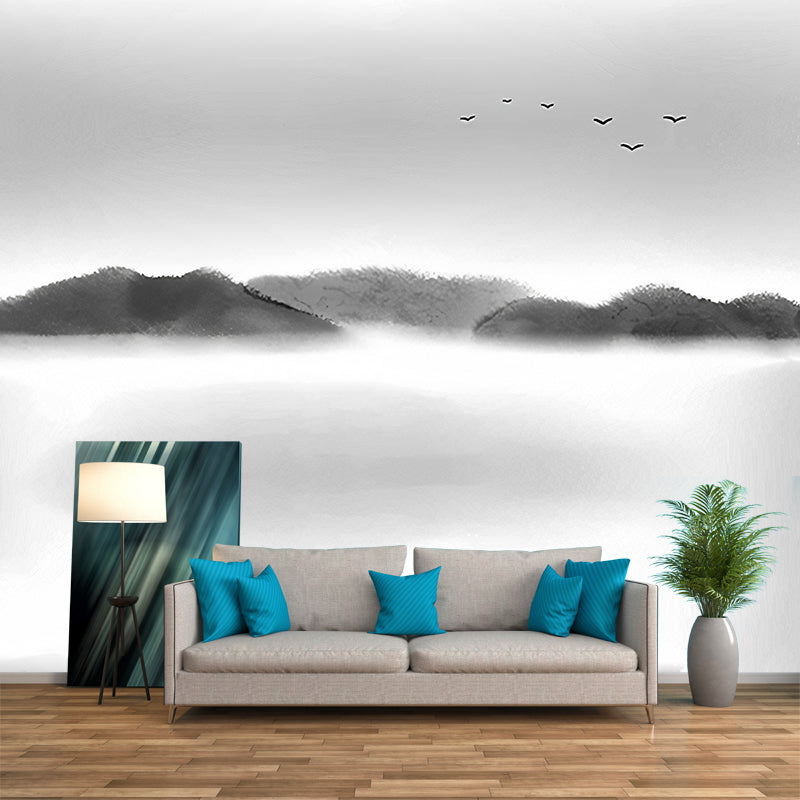 Grey Foggy Mountain Pattern Wall Murals Moisture Resistant Wall Covering for Bedroom Clearhalo 'Wall Decor' 'Wall Mural' 1170888