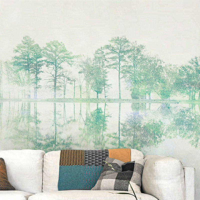 Full Size Birch Tree Wall Mural in Green Non-Woven Wall Art for Home Decor, Made to Measure Green Clearhalo 'Wall Decor' 'Wall Mural' 1170902