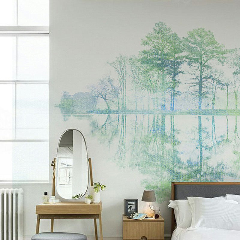 Full Size Birch Tree Wall Mural in Green Non-Woven Wall Art for Home Decor, Made to Measure Clearhalo 'Wall Decor' 'Wall Mural' 1170903