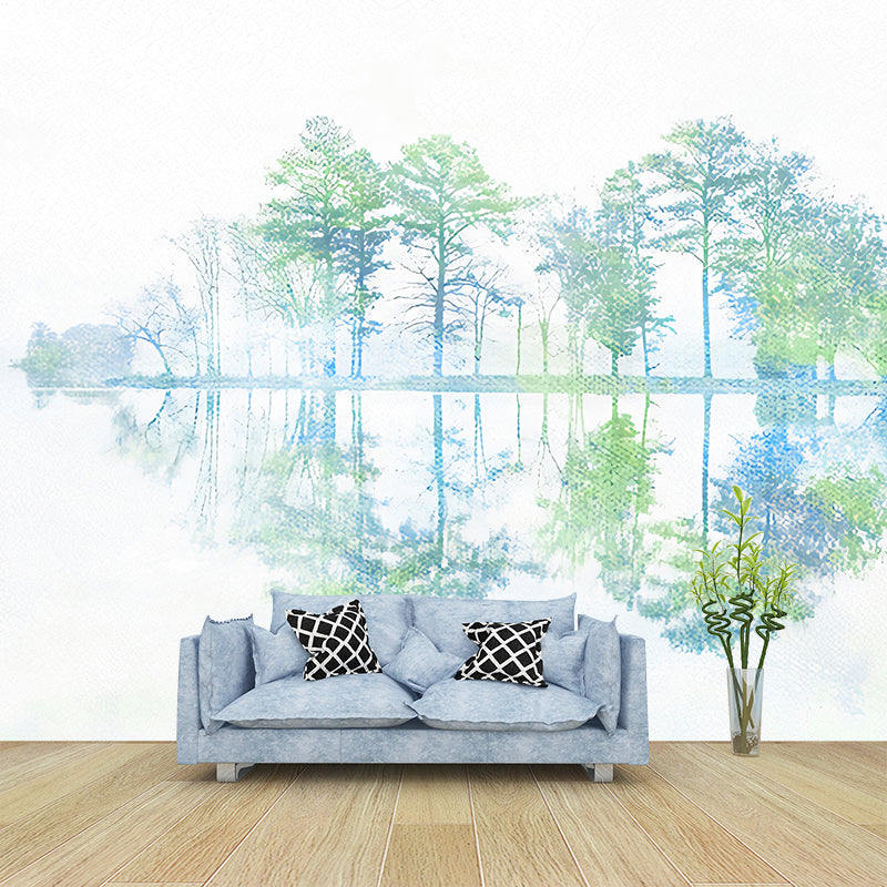 Full Size Birch Tree Wall Mural in Green Non-Woven Wall Art for Home Decor, Made to Measure Clearhalo 'Wall Decor' 'Wall Mural' 1170904