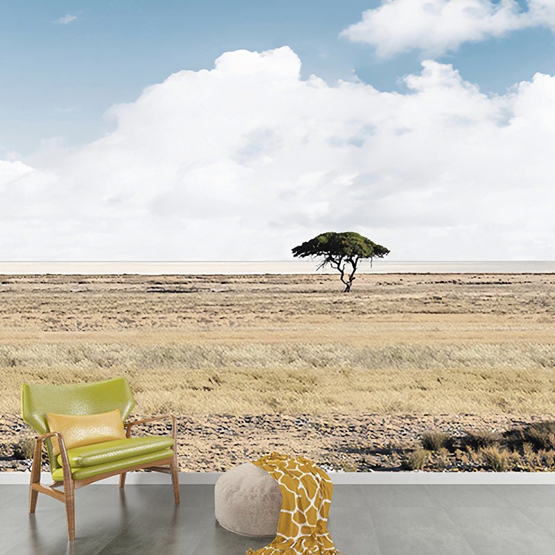 Photography African Plain Mural Wallpaper for Bedroom Decoration, Yellow and White, Customize Size Available Clearhalo 'Wall Decor' 'Wall Mural' 1170908