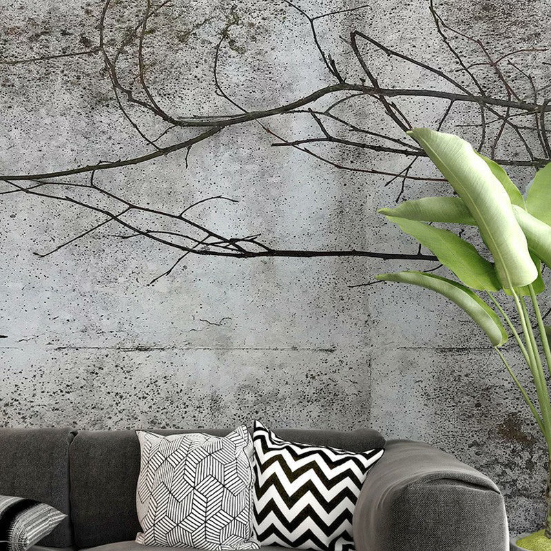 Illustration Dry Twig Wall Mural Wallpaper for Living Room, Grey, Personalised Size Clearhalo 'Wall Decor' 'Wall Mural' 1170918