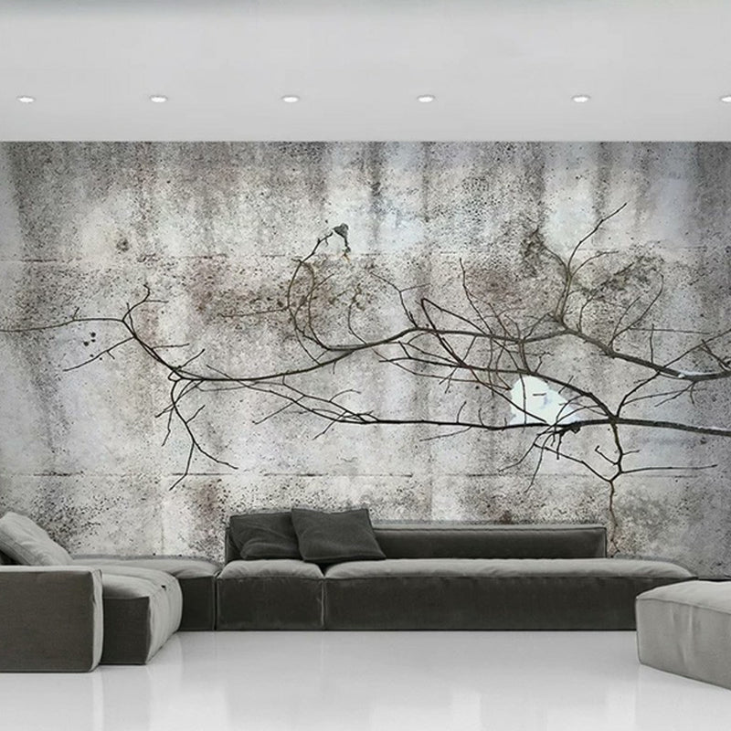 Illustration Dry Twig Wall Mural Wallpaper for Living Room, Grey, Personalised Size Clearhalo 'Wall Decor' 'Wall Mural' 1170919