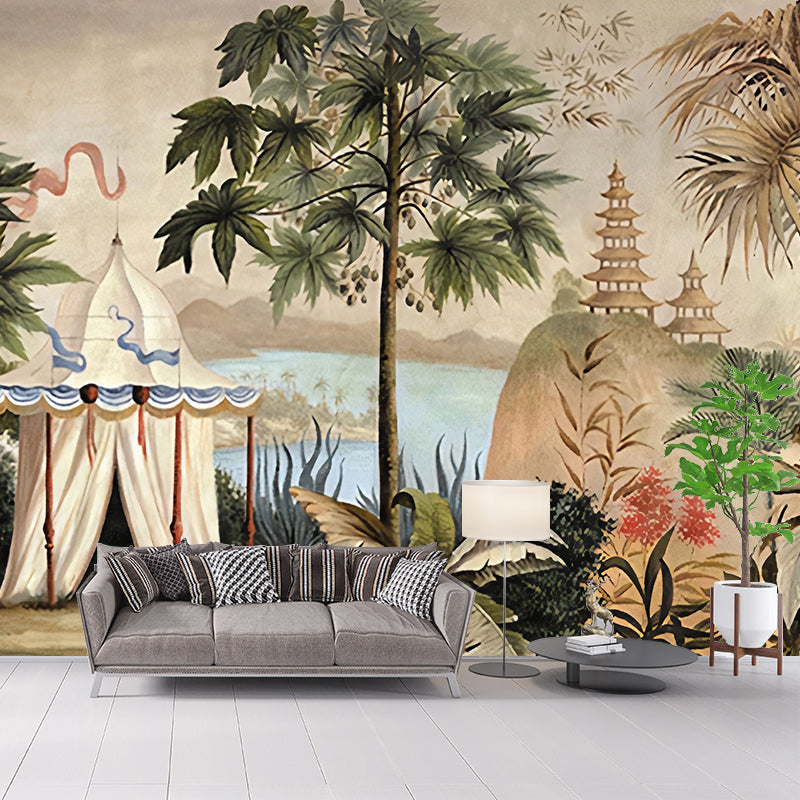 Green and White Jungle Wall Murals Moisture Resistant Wall Covering for Drawing Room Clearhalo 'Wall Decor' 'Wall Mural' 1170924