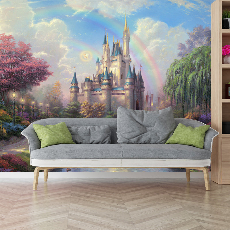 Classic Castle Painting Wall Murals for Living Room Customized Wall Art in Green-Pink-Blue Green-Pink-Blue Clearhalo 'Wall Decor' 'Wall Mural' 1170927