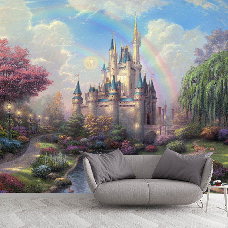 Classic Castle Painting Wall Murals for Living Room Customized Wall Art in Green-Pink-Blue Clearhalo 'Wall Decor' 'Wall Mural' 1170928