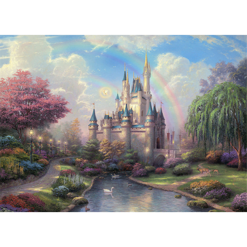 Classic Castle Painting Wall Murals for Living Room Customized Wall Art in Green-Pink-Blue Clearhalo 'Wall Decor' 'Wall Mural' 1170930