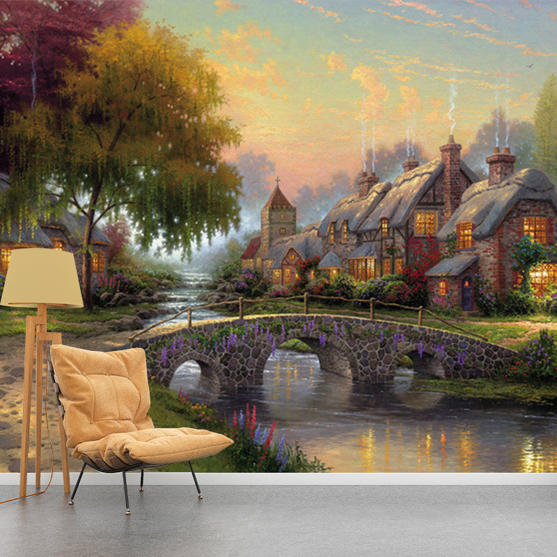 Retro Scenery Lakeside Town Murals Brown-Green-Yellow Moisture Resistant Wall Decoration Brown-Green-Yellow Clearhalo 'Wall Decor' 'Wall Mural' 1170937