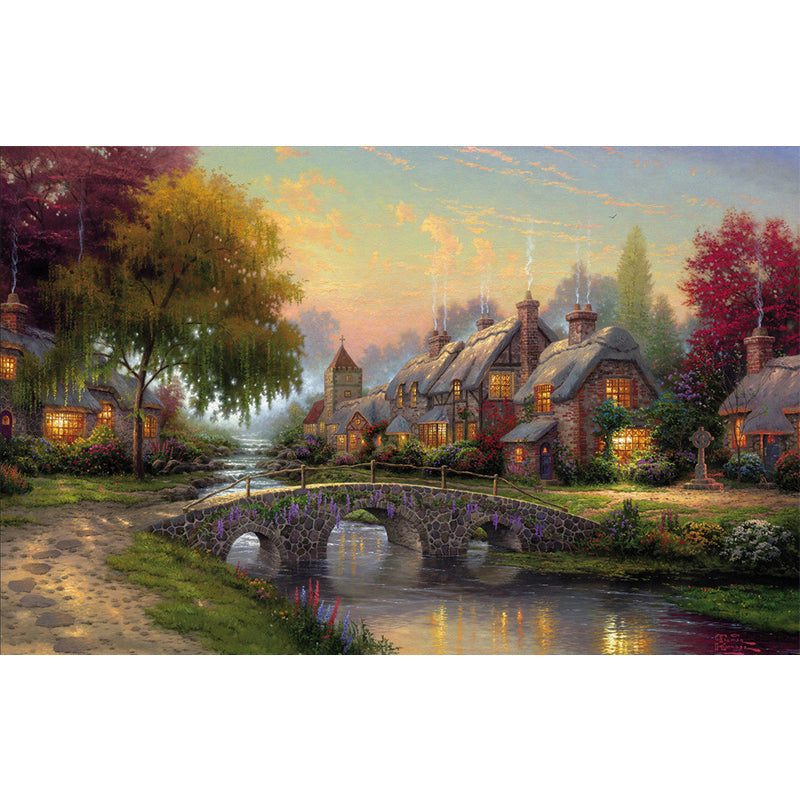 Retro Scenery Lakeside Town Murals Brown-Green-Yellow Moisture Resistant Wall Decoration Clearhalo 'Wall Decor' 'Wall Mural' 1170940