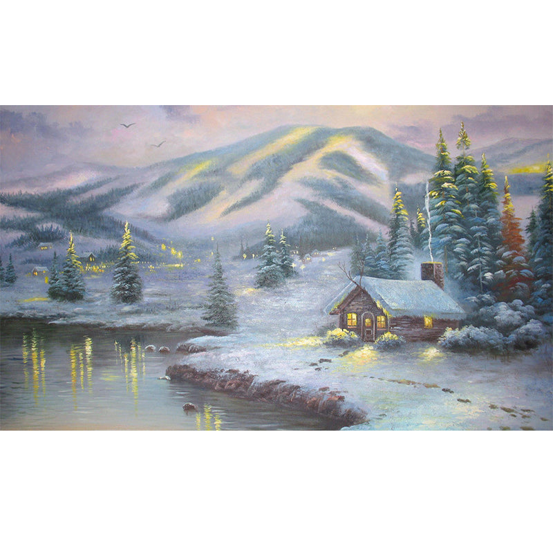 Winter Mountain Cabin Murals Decal Grey and Green Classic Wall Covering for Living Room Clearhalo 'Wall Decor' 'Wall Mural' 1170945