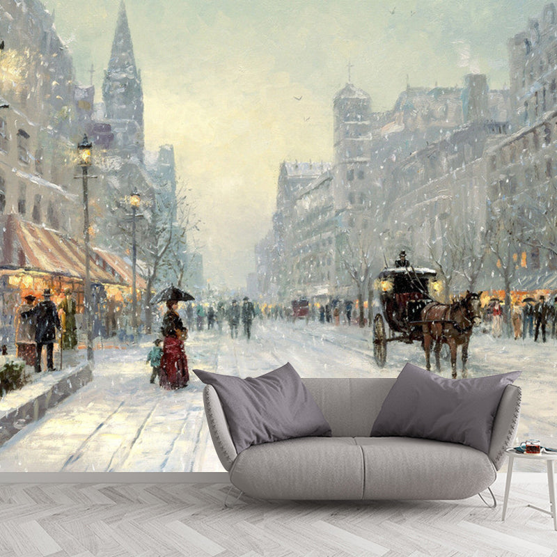 Victorian Street View Wall Mural White and Brown Corridor Wall Decor, Stain Resistant White-Brown Clearhalo 'Wall Decor' 'Wall Mural' 1170947