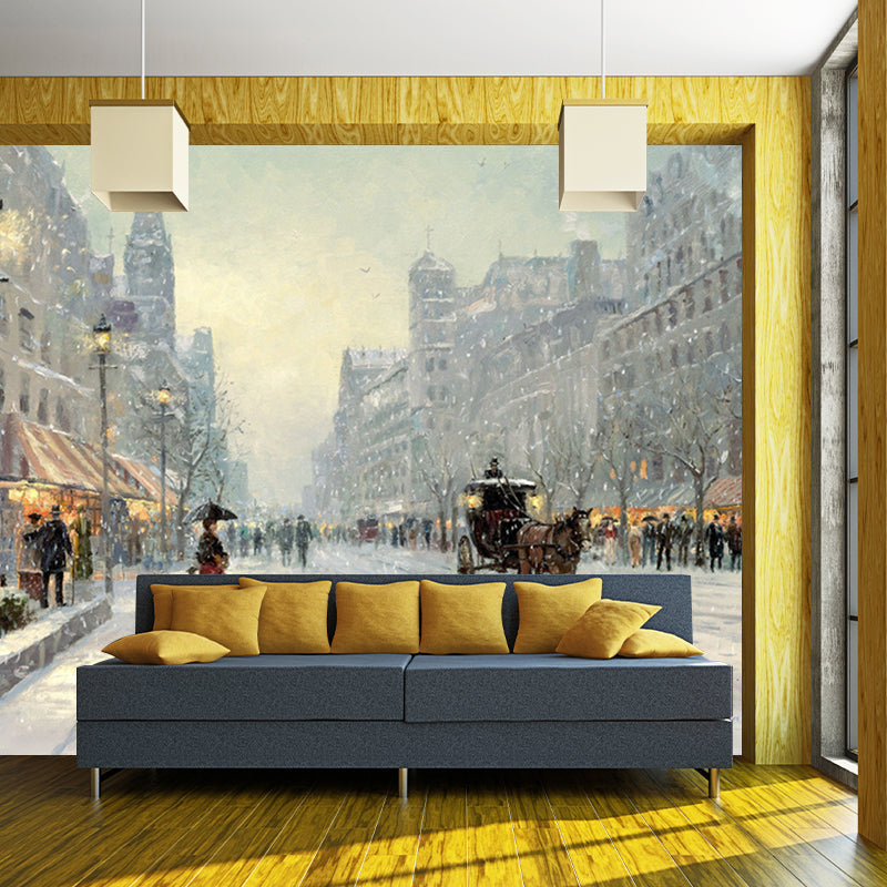 Victorian Street View Wall Mural White and Brown Corridor Wall Decor, Stain Resistant Clearhalo 'Wall Decor' 'Wall Mural' 1170949