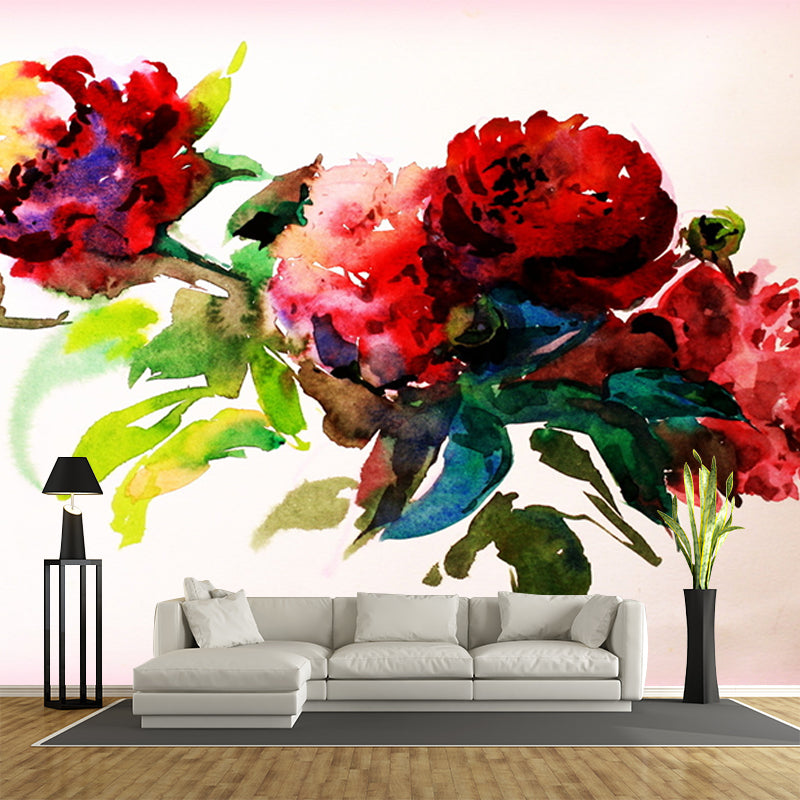 Stylish Peony Blossom Painting Mural Wallpaper Red and Green Stain Resistant Wall Covering for Home Clearhalo 'Wall Decor' 'Wall Mural' 1170953