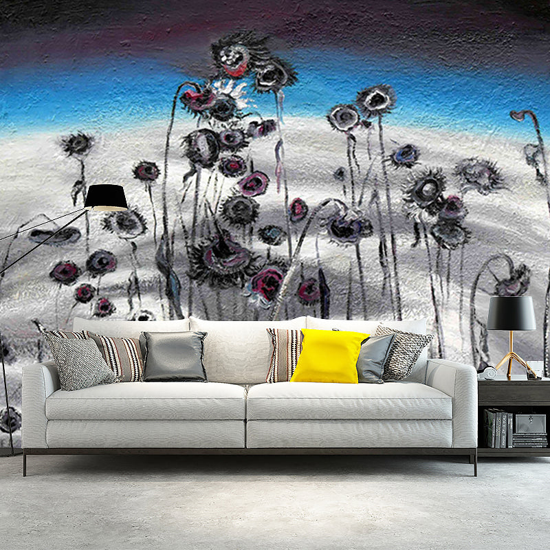 Art Withered Sunflower Murals Classic Smooth Surface Wall Decoration in Blue-Grey Blue-Gray Clearhalo 'Wall Decor' 'Wall Mural' 1170957