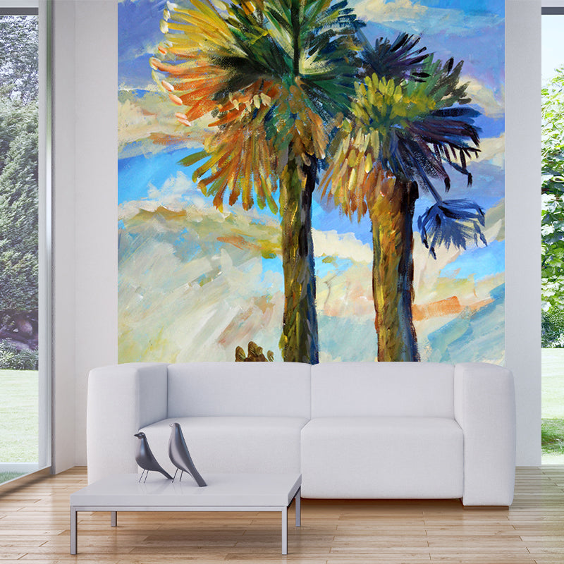 Blue-Green Classic Murals Custom Palm Trees Painting Wall Decoration for Bedroom Blue-Green Clearhalo 'Wall Decor' 'Wall Mural' 1170972