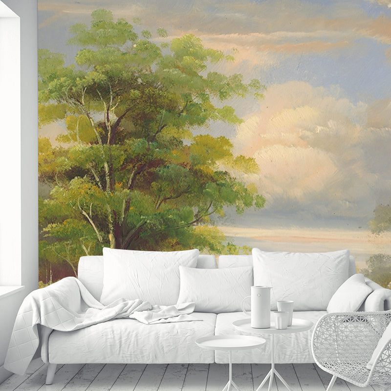 Modern Birch Tree Mural Wallpaper Green-White Living Room Wall Decor, Custom Size Clearhalo 'Wall Decor' 'Wall Mural' 1170998