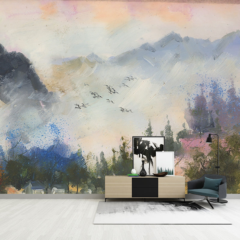 Rustic Mountain Landscape Murals for Living Room Decor Full Size Wall Art in White-Green-Yellow White-Green-Yellow Clearhalo 'Wall Decor' 'Wall Mural' 1171007