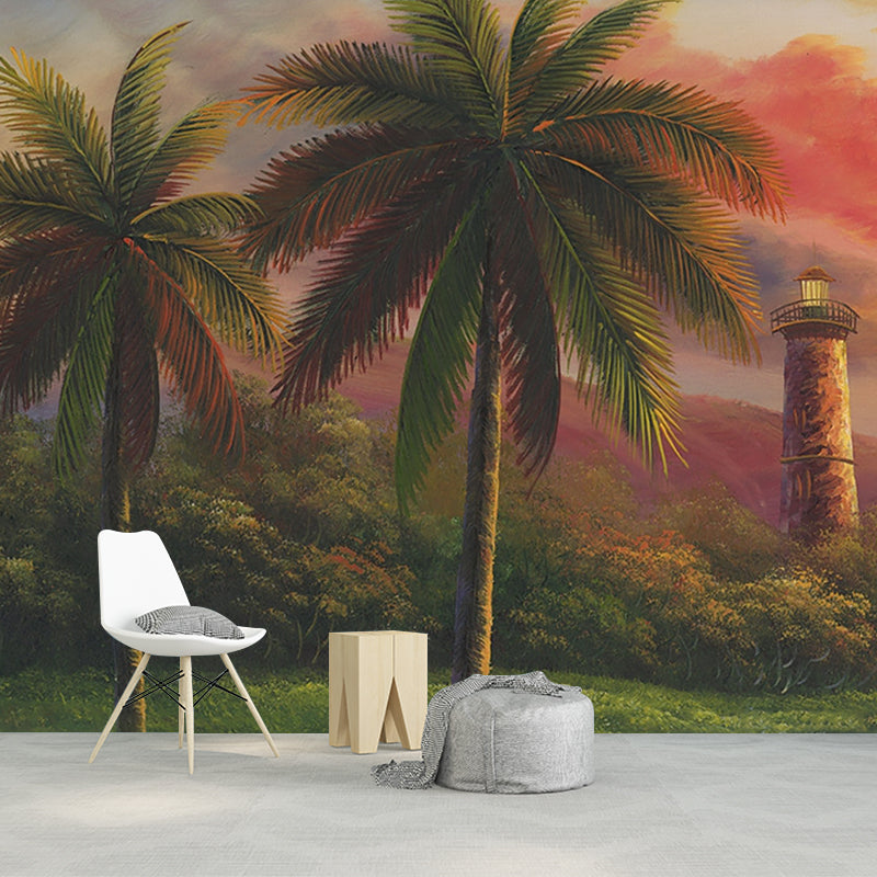 Non-Woven Waterproof Mural Tropical Palm Trees and Watchtower Painting Wall Decoration Orange-Green Clearhalo 'Wall Decor' 'Wall Mural' 1171012